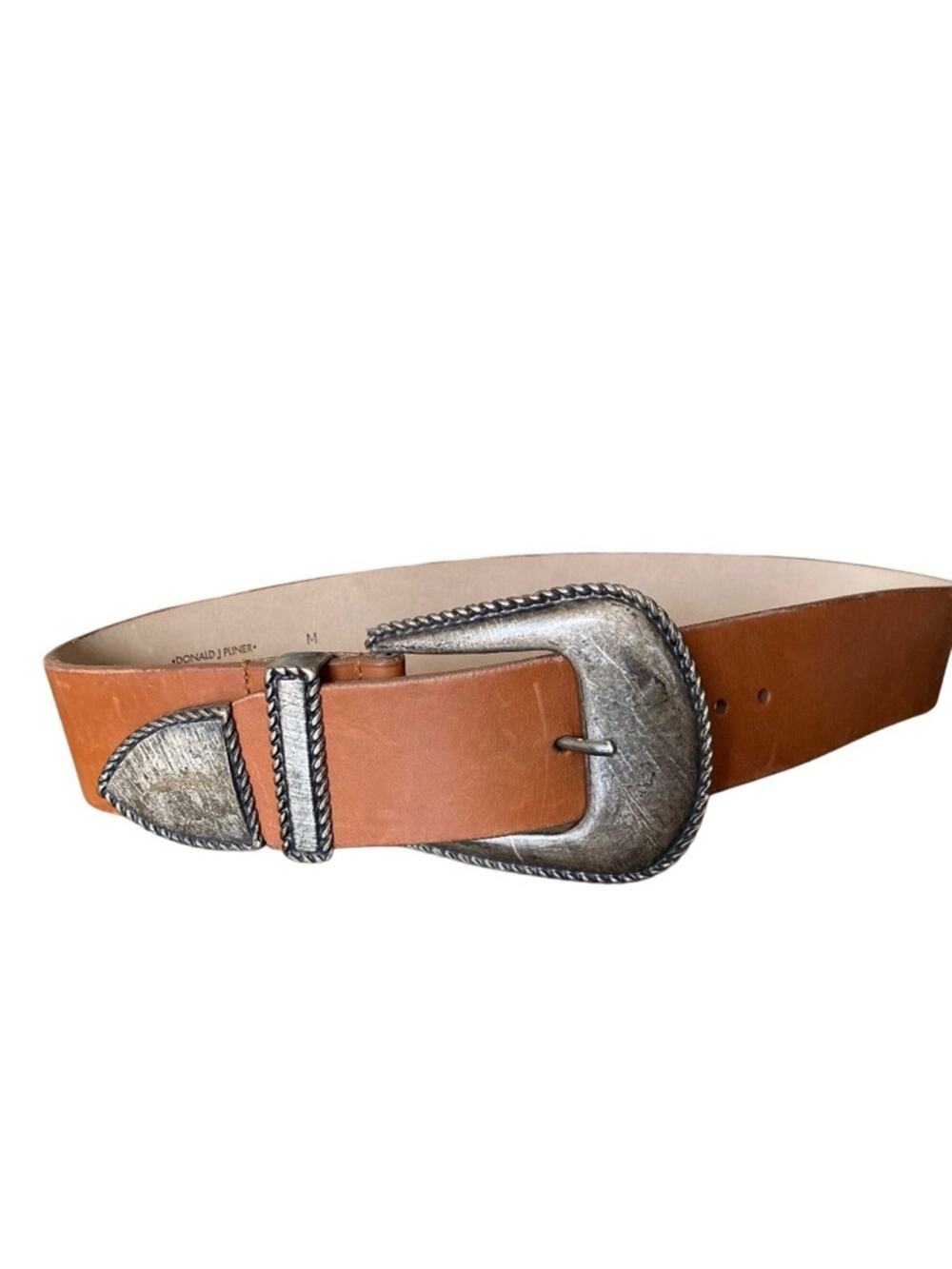 Donald J. Pliner Brown Leather Wide Waist Belt with Silver Western Buckle Medium